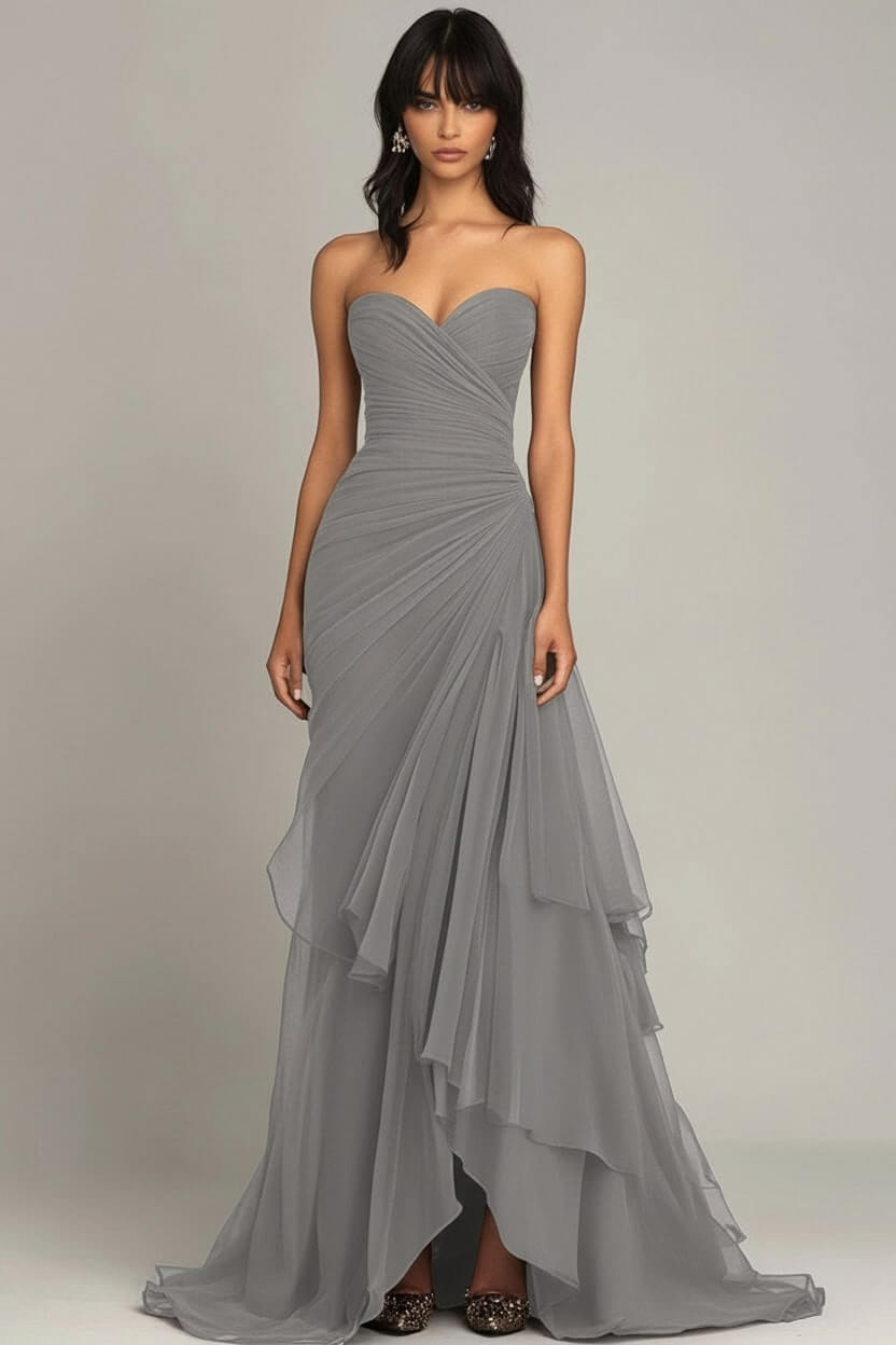 Dreamyannie Elegant Sweetheart Ruched Dark Brown Long Formal Dress With Ruffles