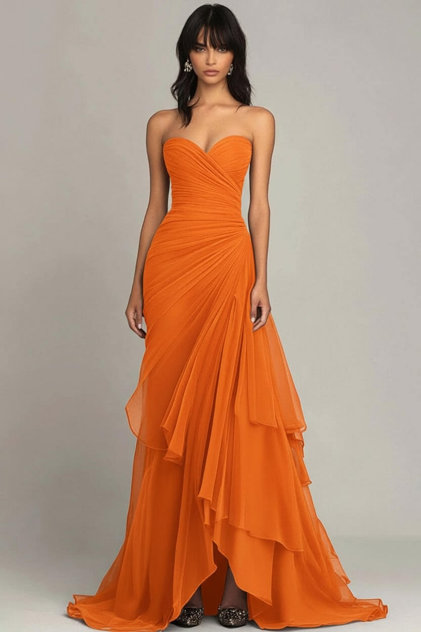 Dreamyannie Elegant Sweetheart Ruched Dark Brown Long Formal Dress With Ruffles