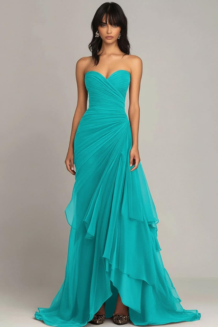 Dreamyannie Elegant Sweetheart Ruched Dark Brown Long Formal Dress With Ruffles