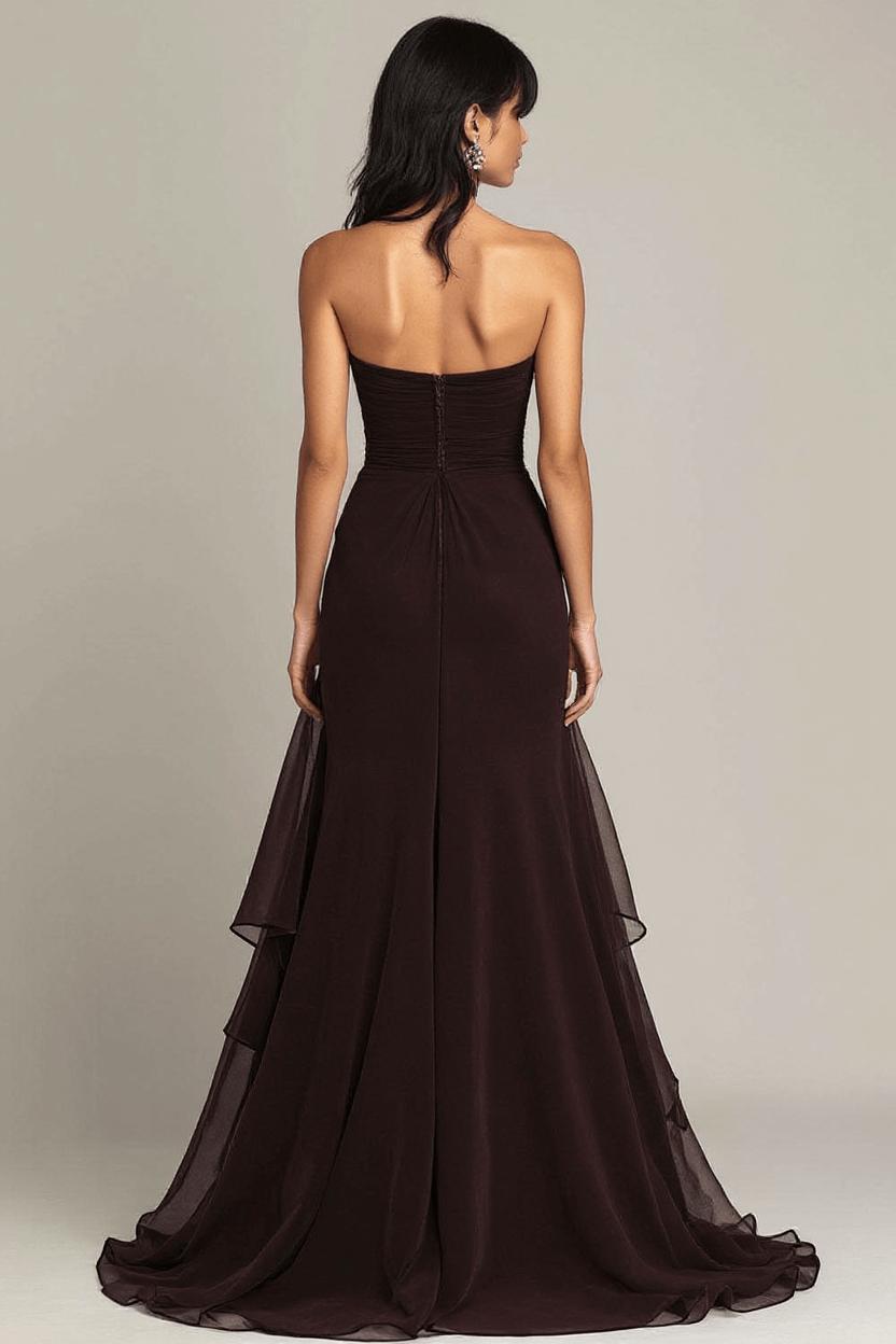 Dreamyannie Elegant Sweetheart Ruched Dark Brown Long Formal Dress With Ruffles