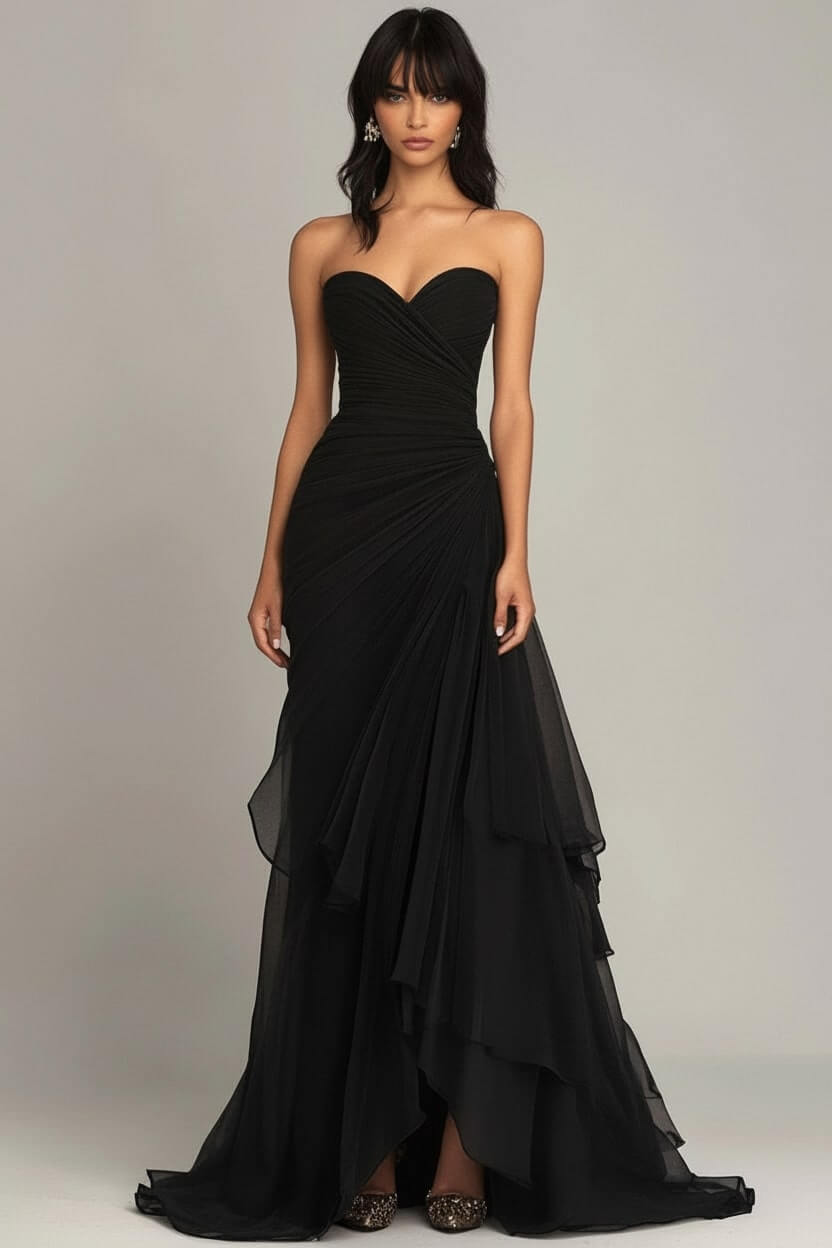 Dreamyannie Elegant Sweetheart Ruched Dark Brown Long Formal Dress With Ruffles