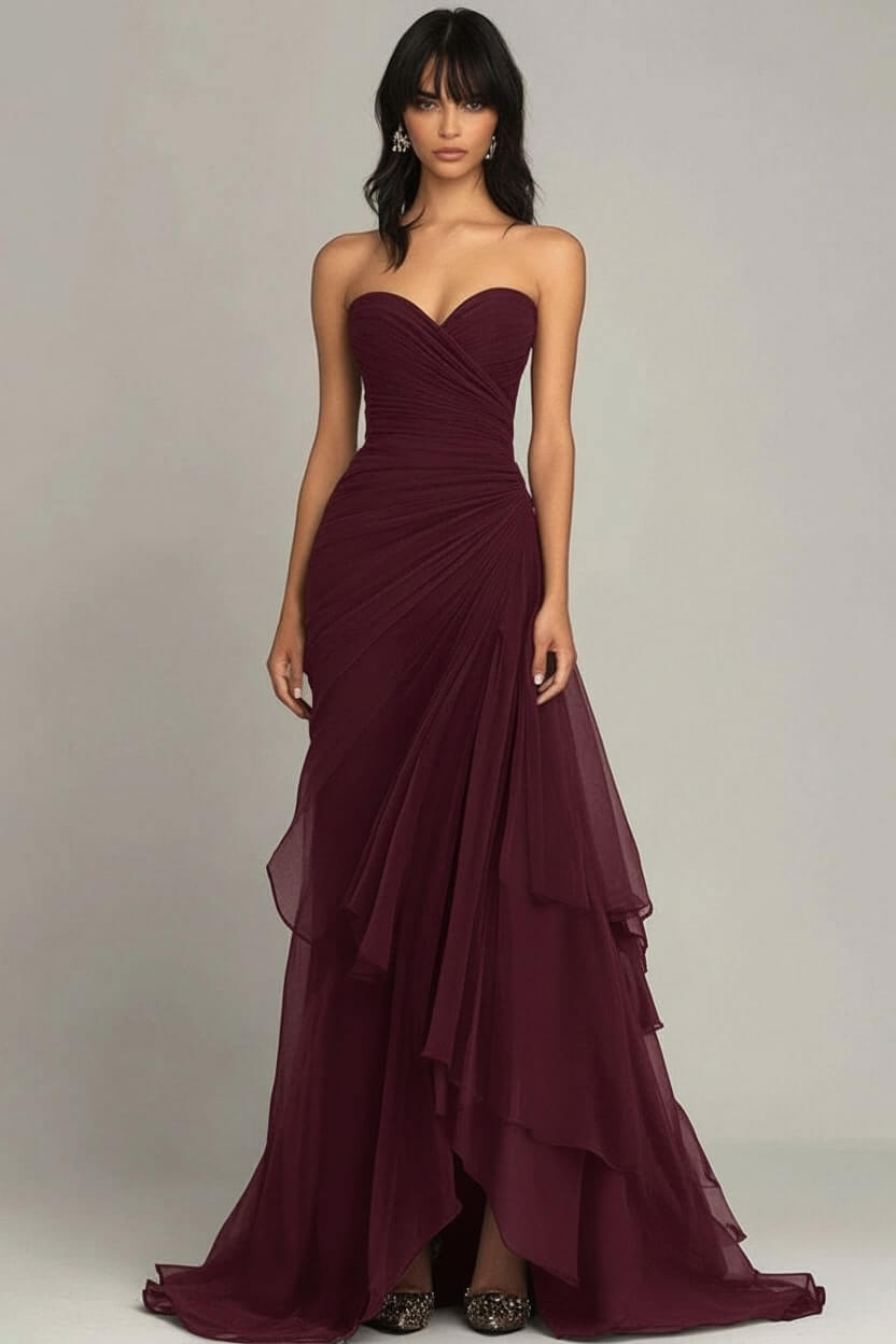 Dreamyannie Elegant Sweetheart Ruched Dark Brown Long Formal Dress With Ruffles