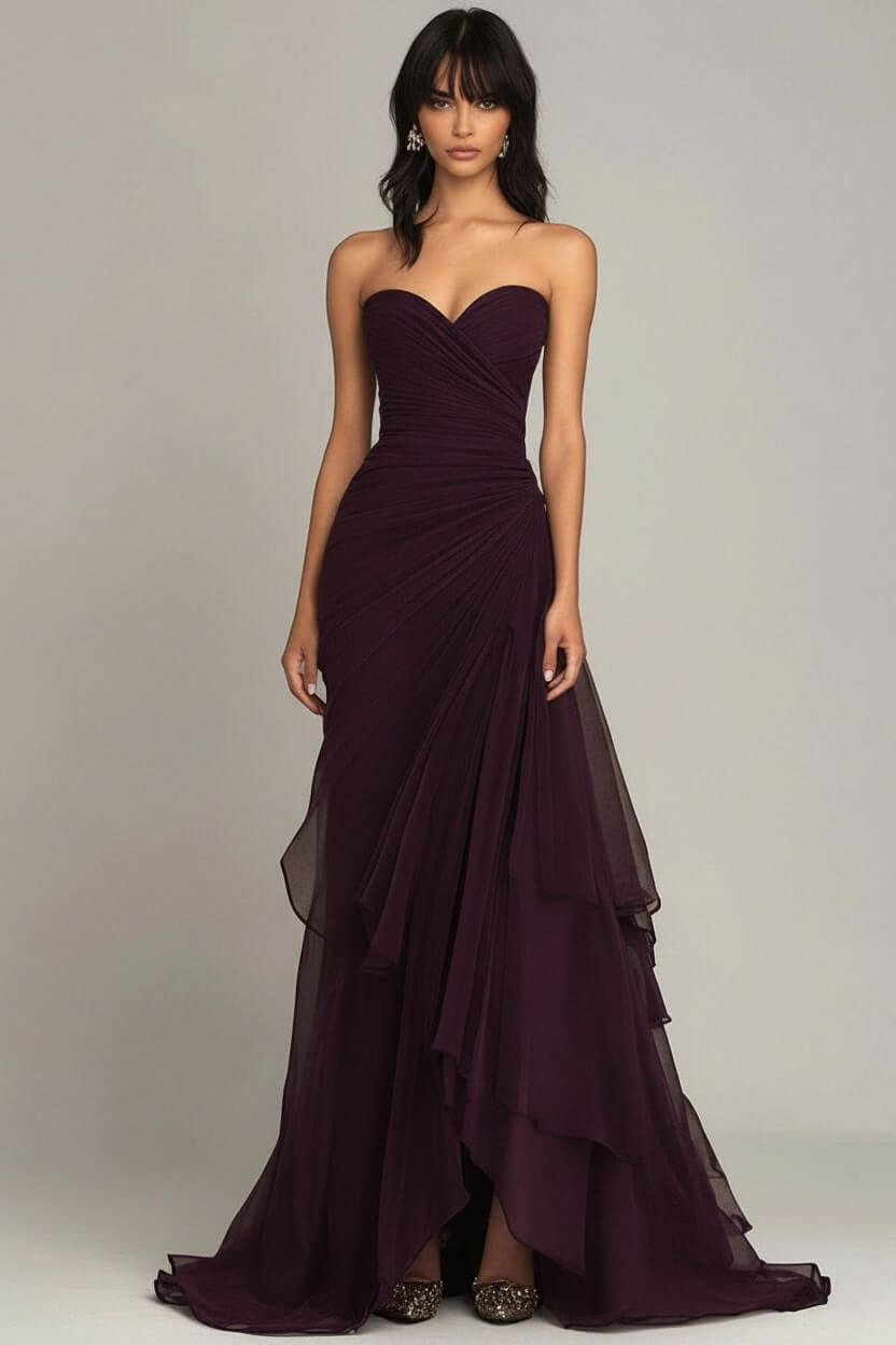 Dreamyannie Elegant Sweetheart Ruched Dark Brown Long Formal Dress With Ruffles