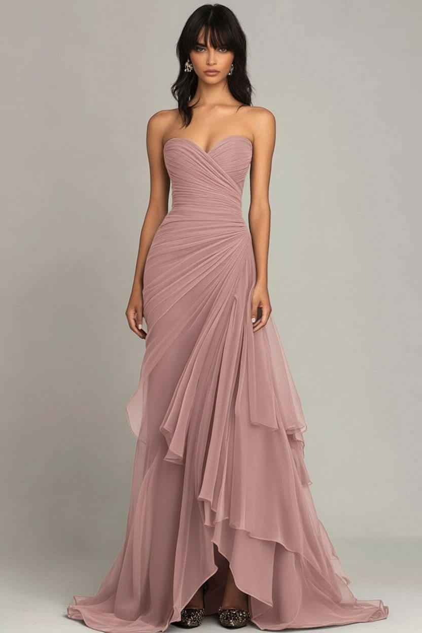 Dreamyannie Elegant Sweetheart Ruched Dark Brown Long Formal Dress With Ruffles