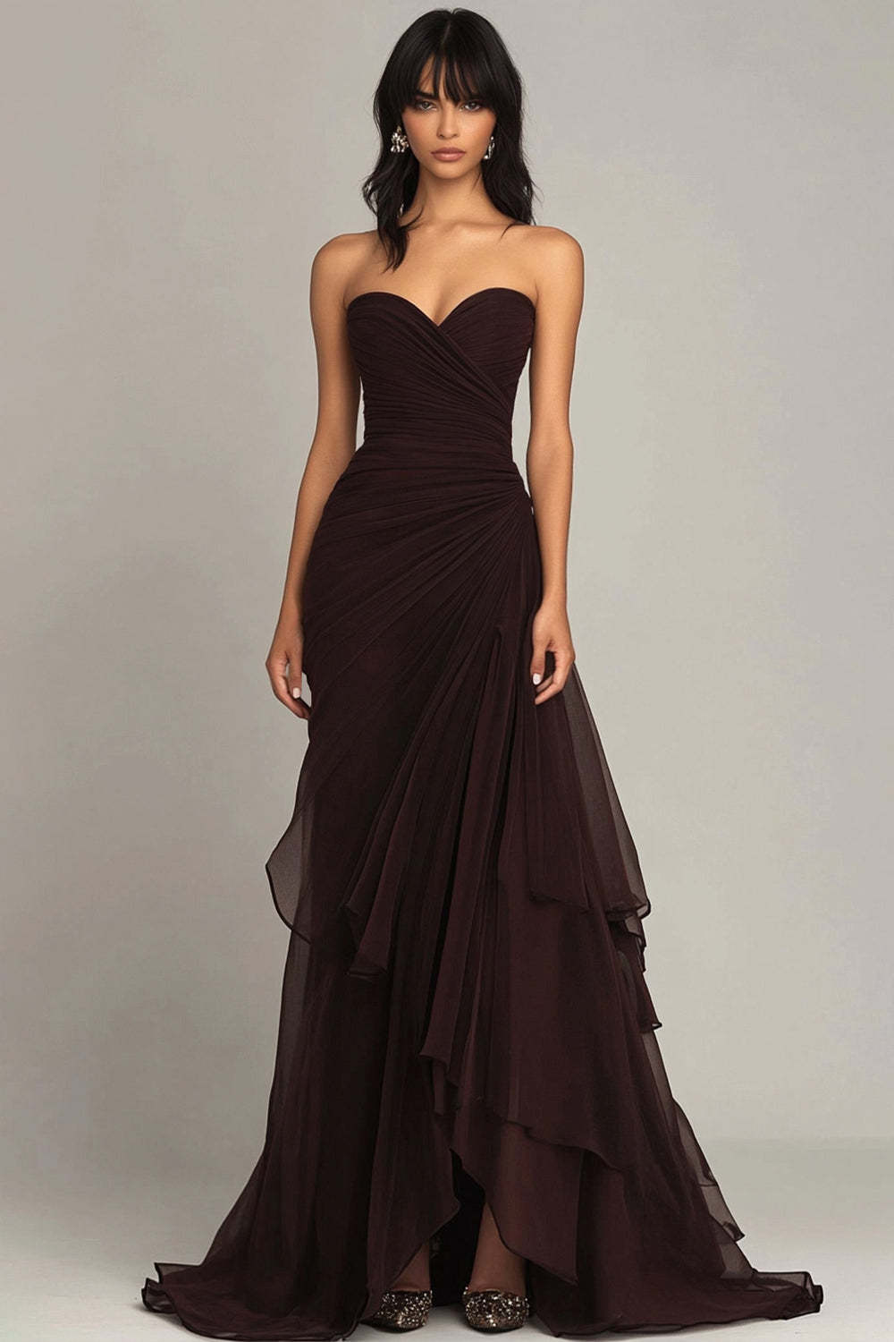 Dreamyannie Elegant Sweetheart Ruched Dark Brown Long Formal Dress With Ruffles