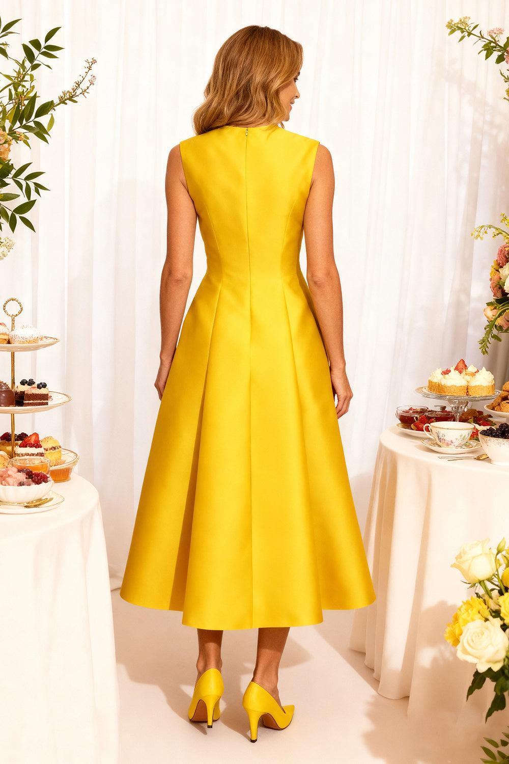 Dreamyannie Elegant Yellow Satin A Line Tea Length Mother Of The Bride Dress