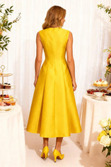 Dreamyannie Elegant Yellow Satin A Line Tea Length Mother Of The Bride Dress