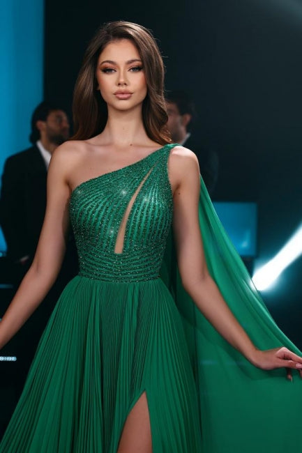 Dreamyannie Emerald A Line Prom Dress One Shoulder Chiffon Beading Formal Dress With Slit