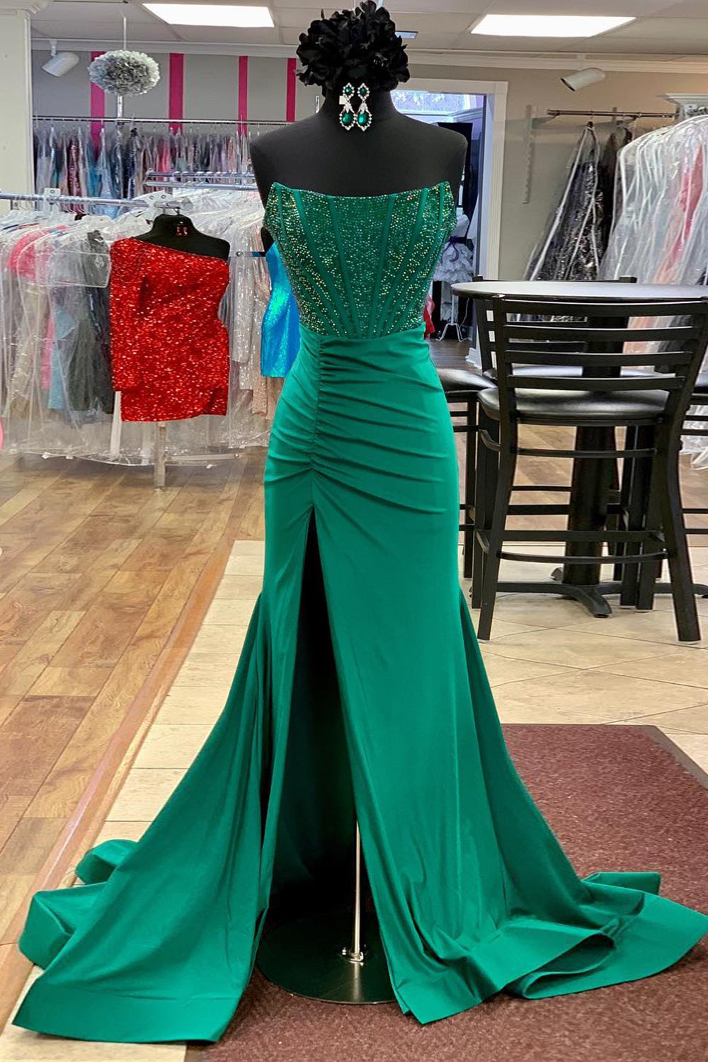 Dreamyannie Red Prom Dress Beaded Corset Mermaid Long Evening Dress With Slit