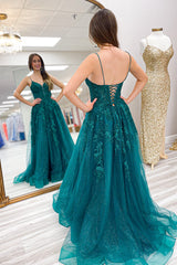 Dreamyannie Emerald Green Prom Dress Floral A-Line Spaghetti Straps Evening Dress