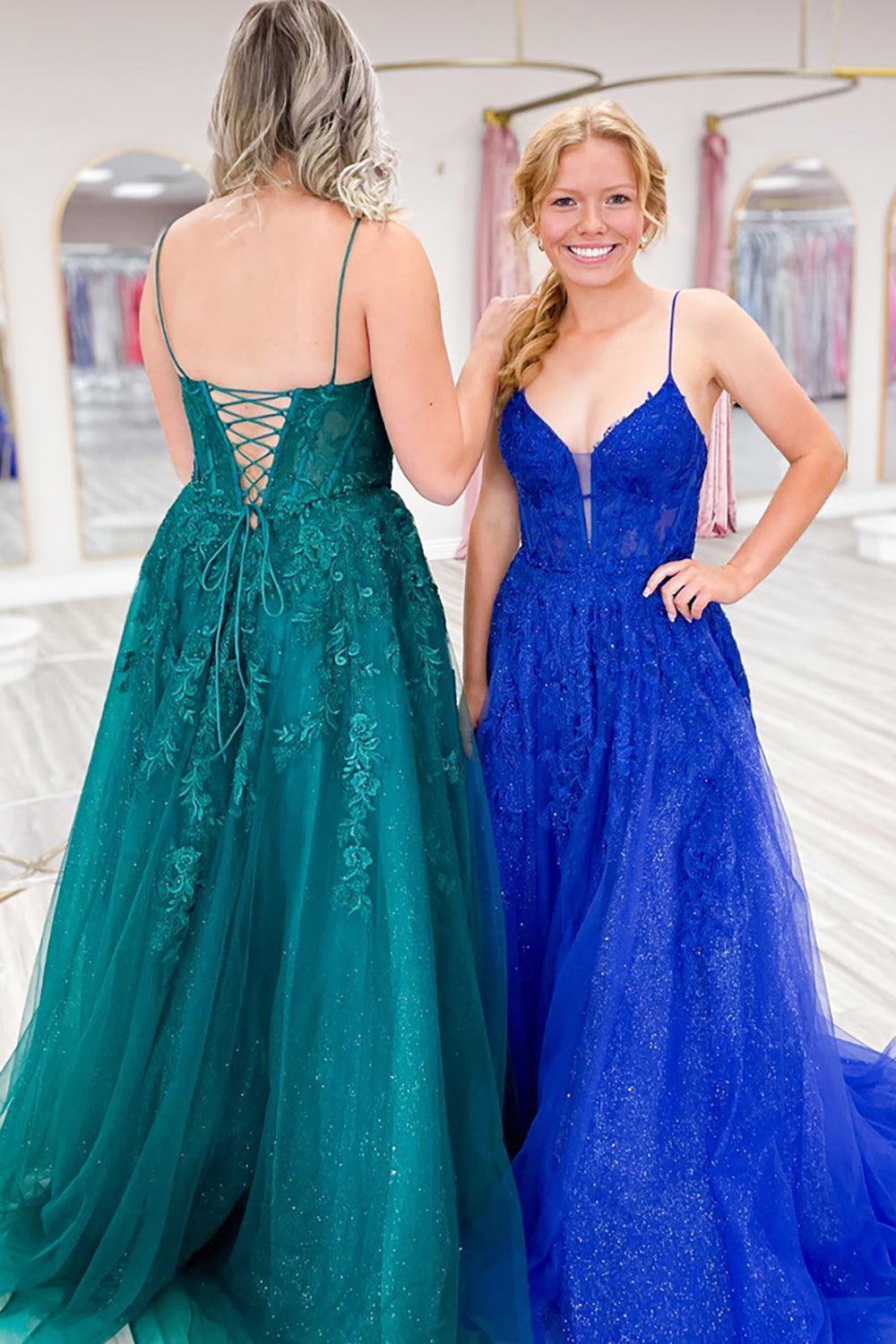 Dreamyannie Emerald Green Prom Dress Floral A-Line Spaghetti Straps Evening Dress