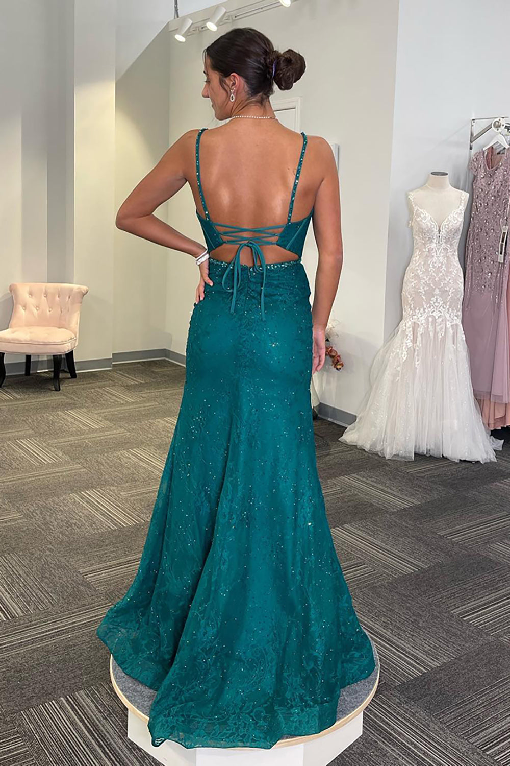Dreamyannie Emerald Green Prom Dress Mermaid Spaghetti Straps Long Evening Dress With Slit