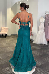 Dreamyannie Emerald Green Prom Dress Mermaid Spaghetti Straps Long Evening Dress With Slit