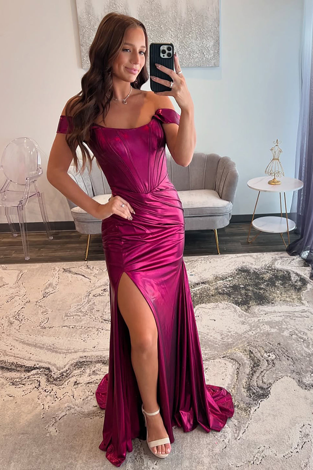 Dreamyannie Emerald Green Prom Dress Ruched Corset Metallic Mermaid Formal Dress With Slit