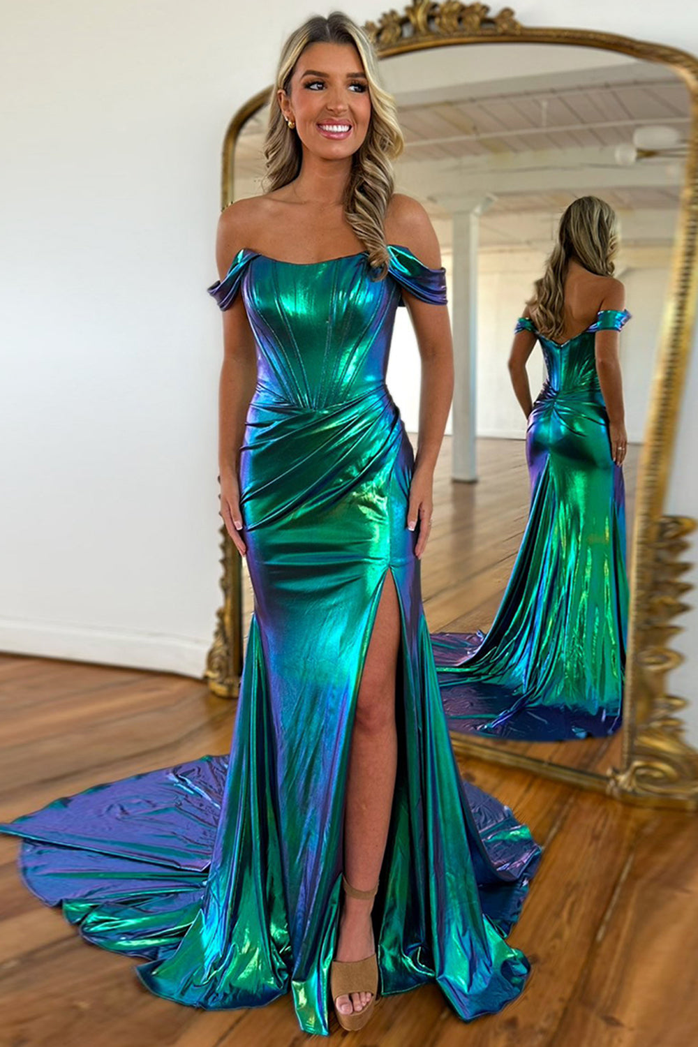 Dreamyannie Emerald Green Prom Dress Ruched Corset Metallic Mermaid Formal Dress With Slit