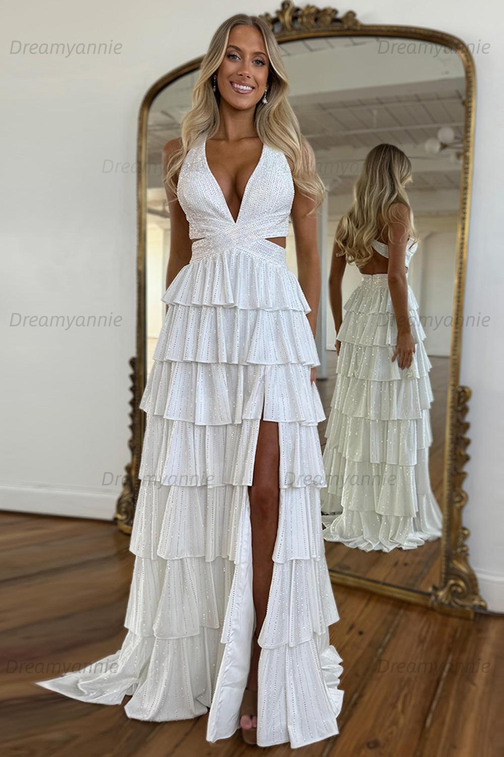 Dreamyannie Emerald Green Prom Dress Tiered A-Line Halter Long Formal Dress With Slit