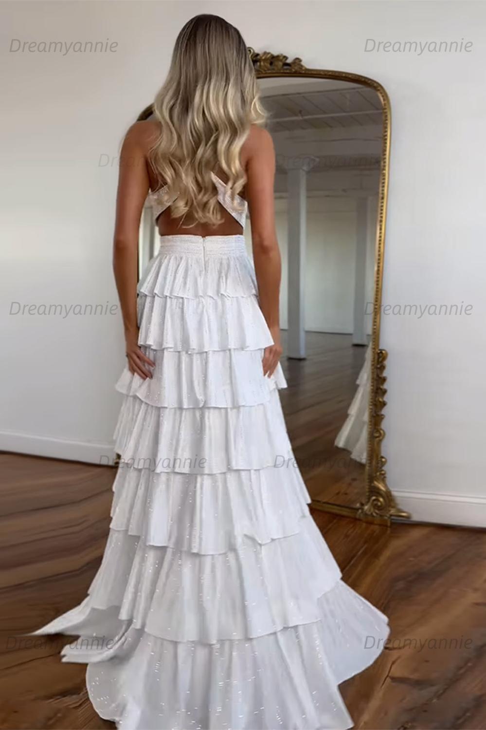 Dreamyannie Emerald Green Prom Dress Tiered A-Line Halter Long Formal Dress With Slit