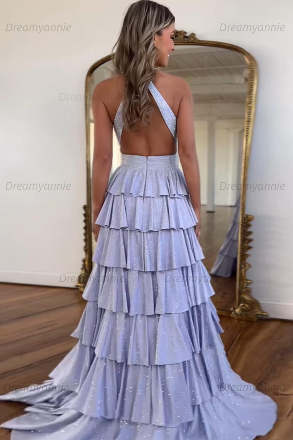 Dreamyannie Emerald Green Prom Dress Tiered A-Line Halter Long Formal Dress With Slit