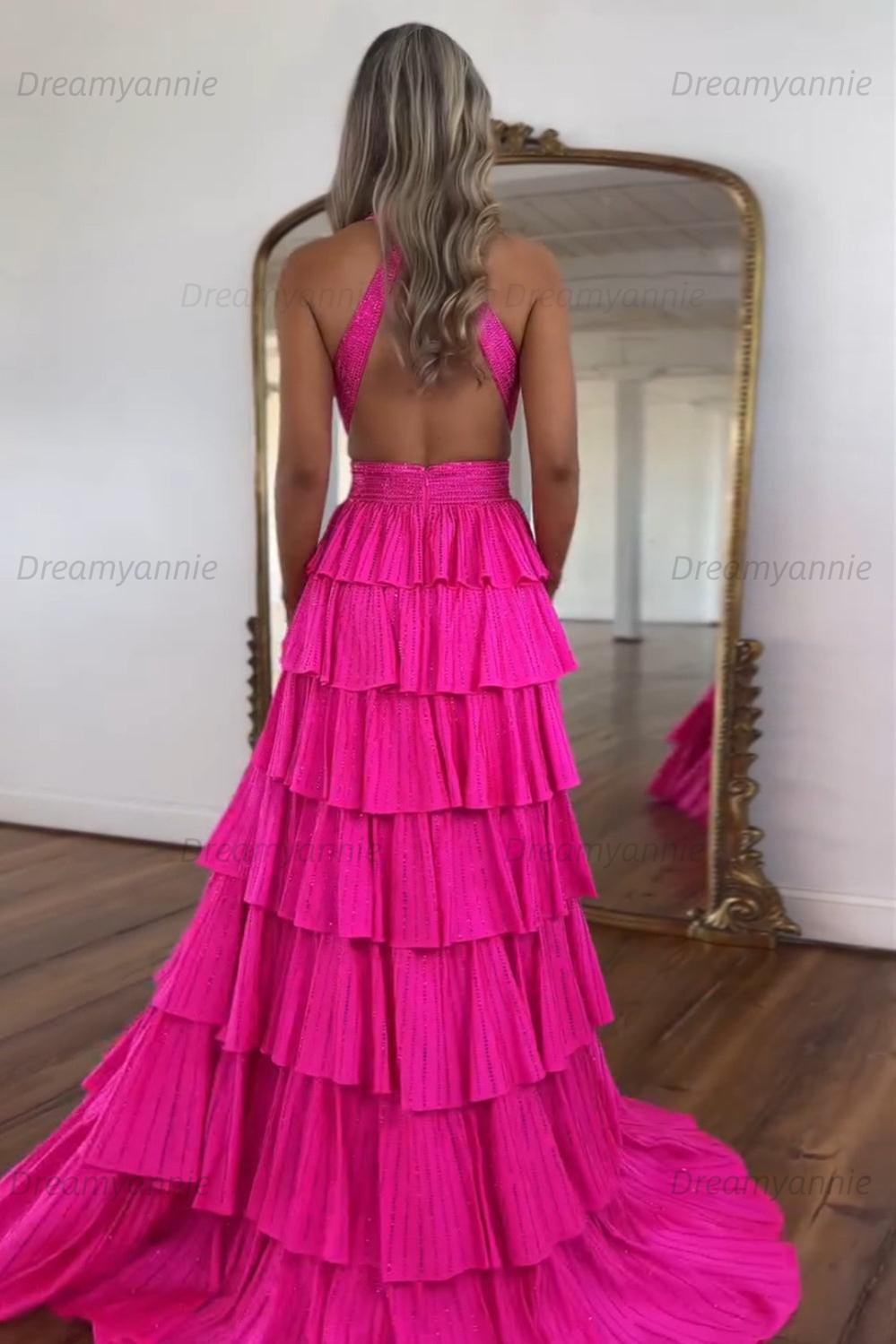 Dreamyannie Emerald Green Prom Dress Tiered A-Line Halter Long Formal Dress With Slit