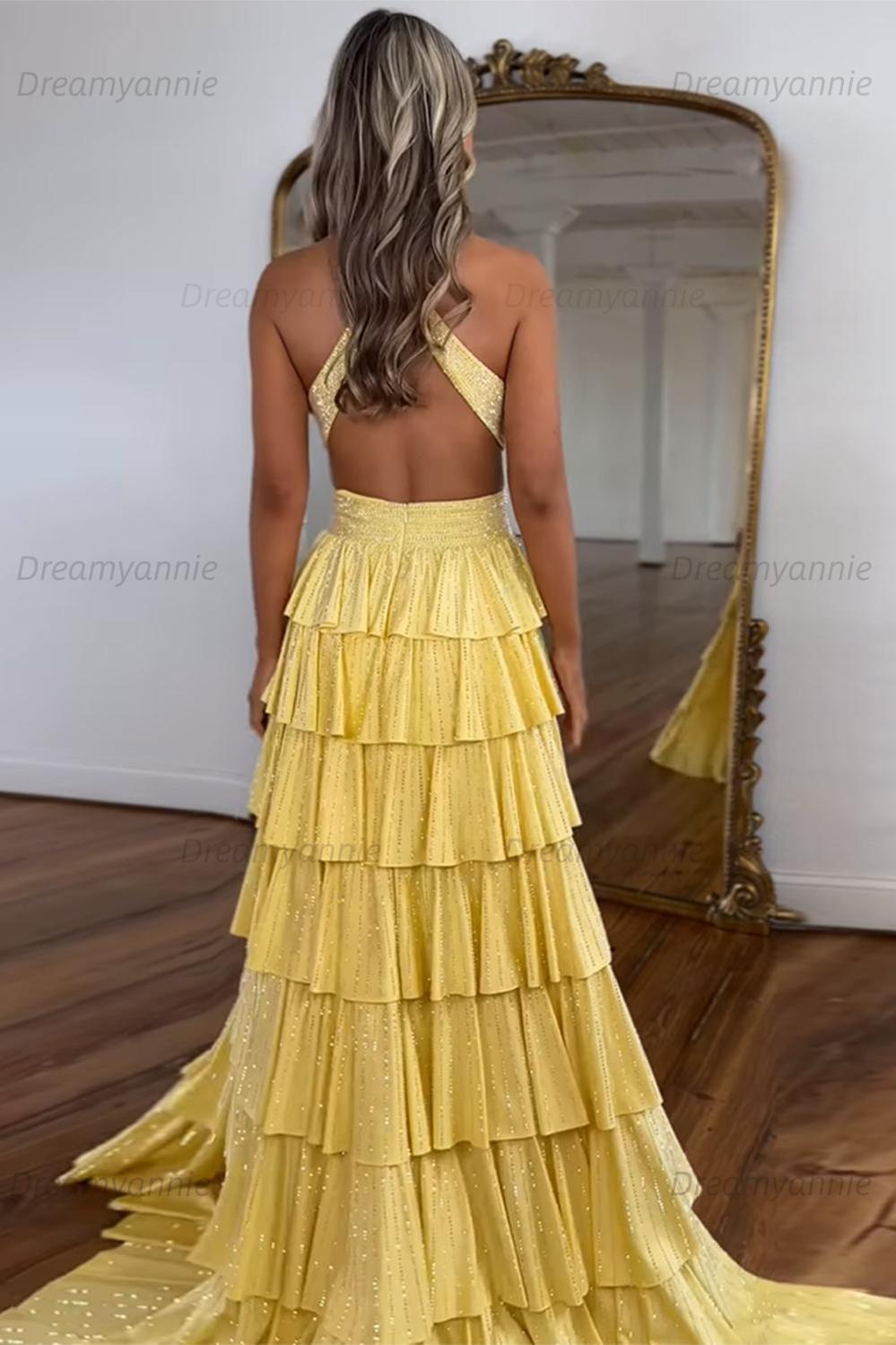 Dreamyannie Emerald Green Prom Dress Tiered A-Line Halter Long Formal Dress With Slit