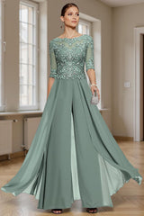 Dreamyannie Eucalyptus Chiffon Boat Neck Floor Length Mother Of The Bride Jumpsuits With Cape