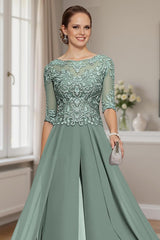 Dreamyannie Eucalyptus Chiffon Boat Neck Floor Length Mother Of The Bride Jumpsuits With Cape