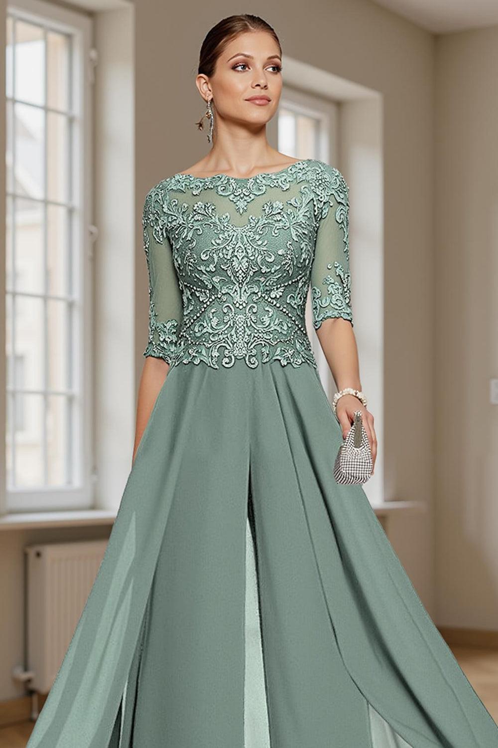Dreamyannie Eucalyptus Chiffon Boat Neck Floor Length Mother Of The Bride Jumpsuits With Cape