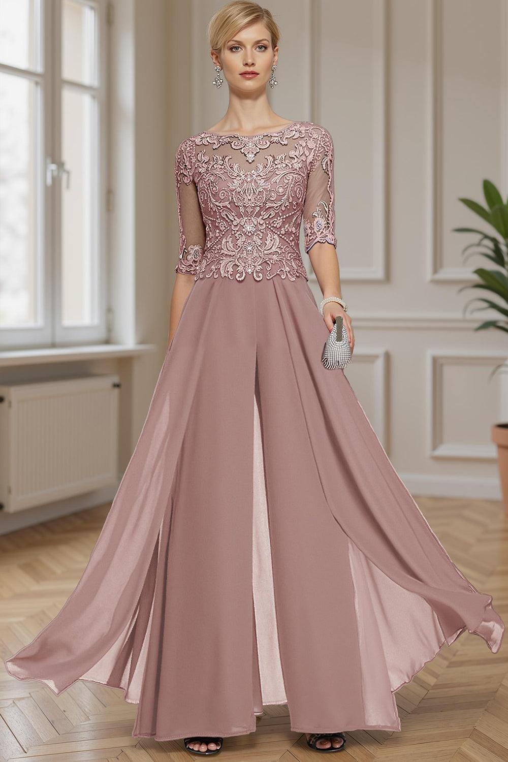 Dreamyannie Eucalyptus Chiffon Boat Neck Floor Length Mother Of The Bride Jumpsuits With Cape