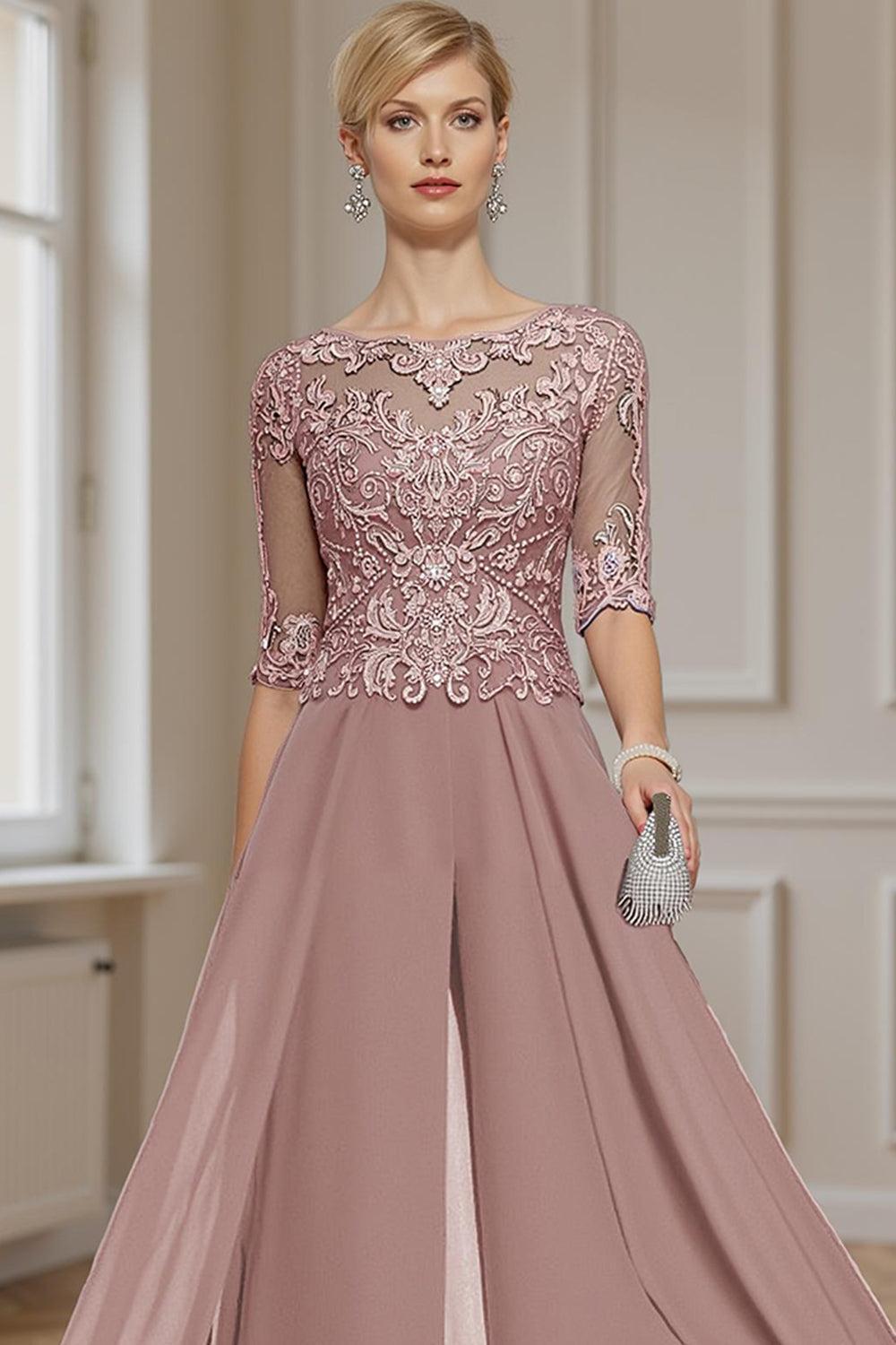 Dreamyannie Eucalyptus Chiffon Boat Neck Floor Length Mother Of The Bride Jumpsuits With Cape