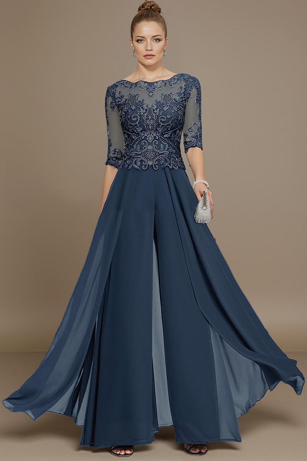 Dreamyannie Eucalyptus Chiffon Boat Neck Floor Length Mother Of The Bride Jumpsuits With Cape