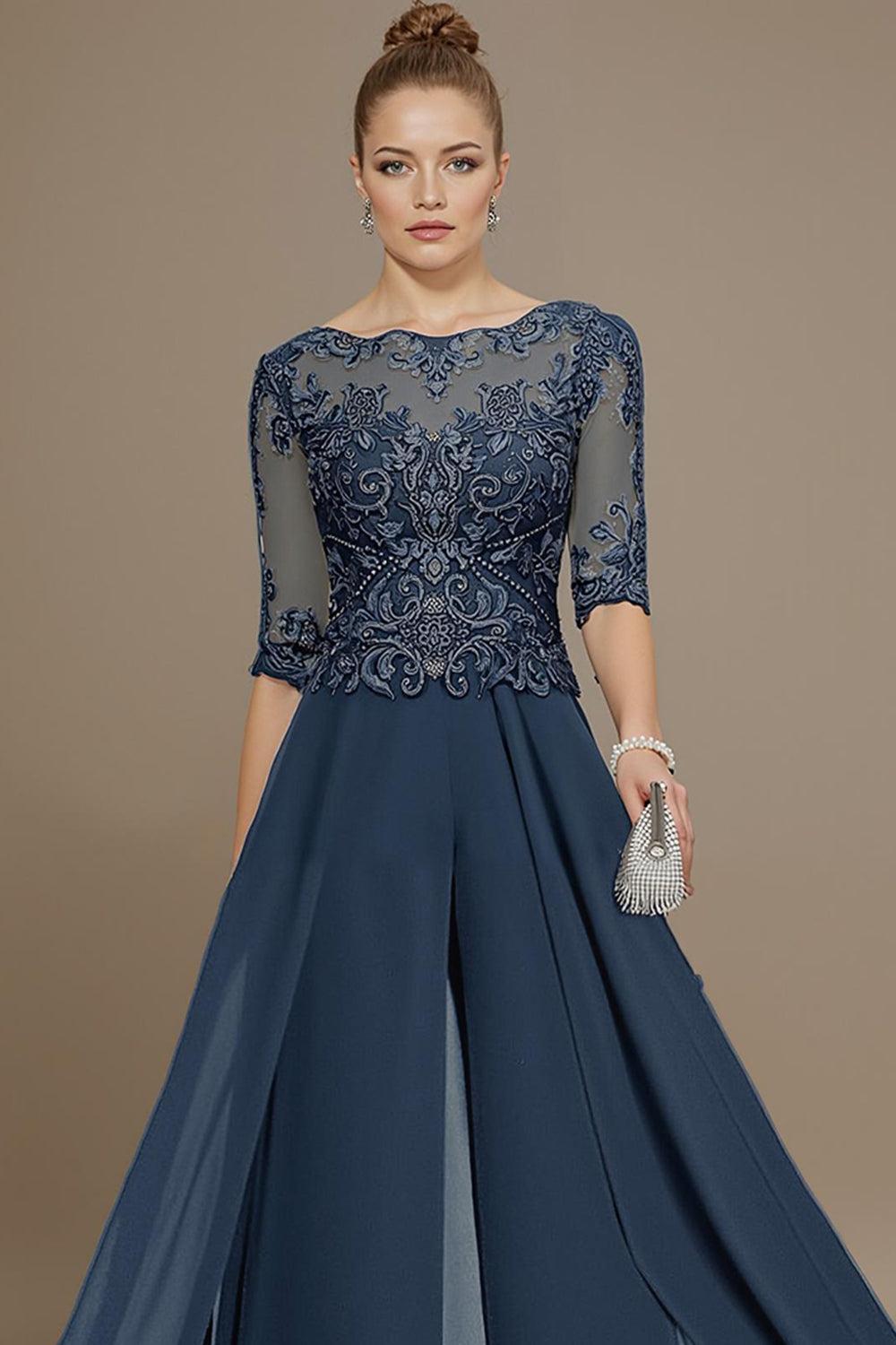 Dreamyannie Eucalyptus Chiffon Boat Neck Floor Length Mother Of The Bride Jumpsuits With Cape