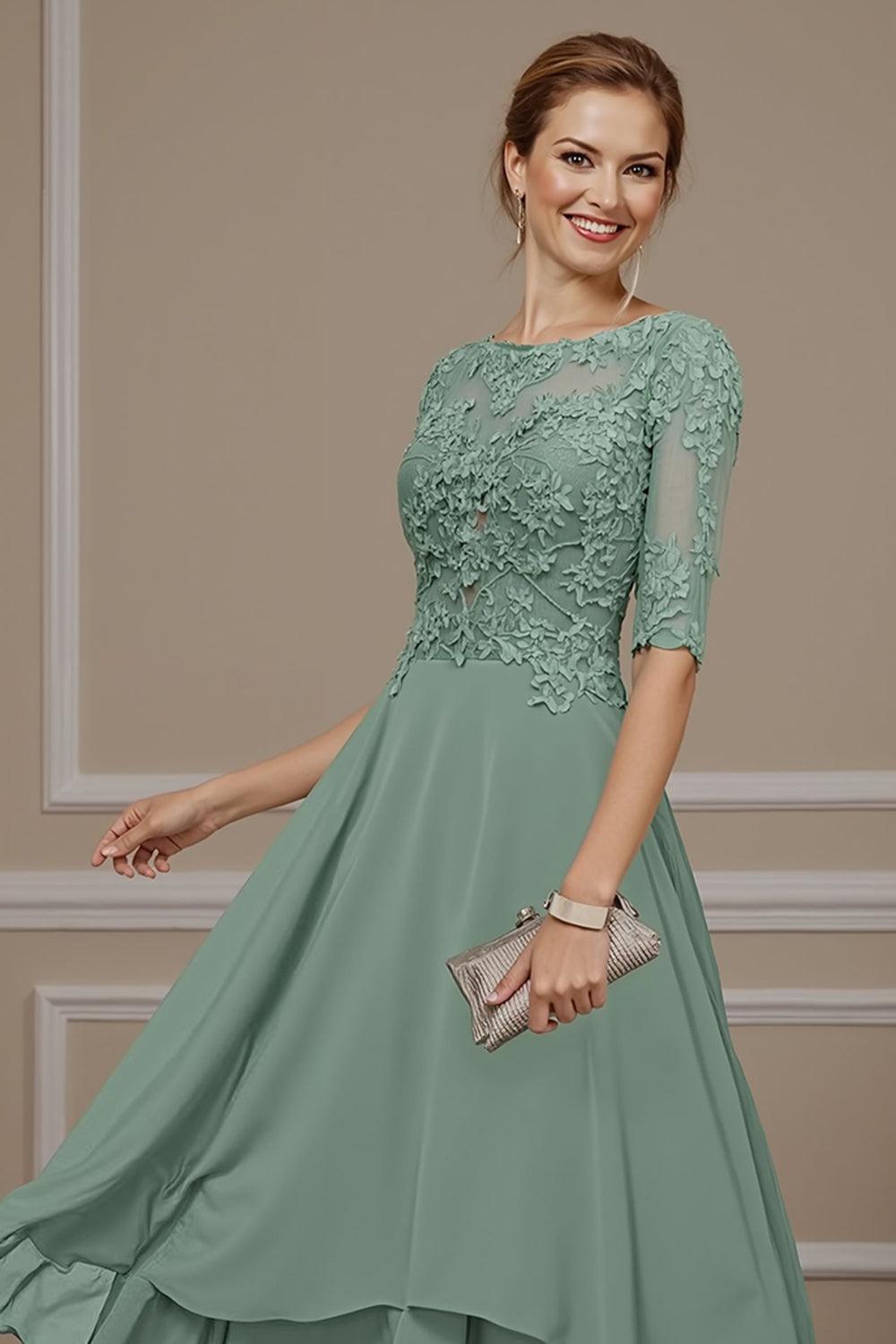 Dreamyannie Eucalyptus Ruffled A Line Ankle Length Mother Of The Bride Dress With Lace