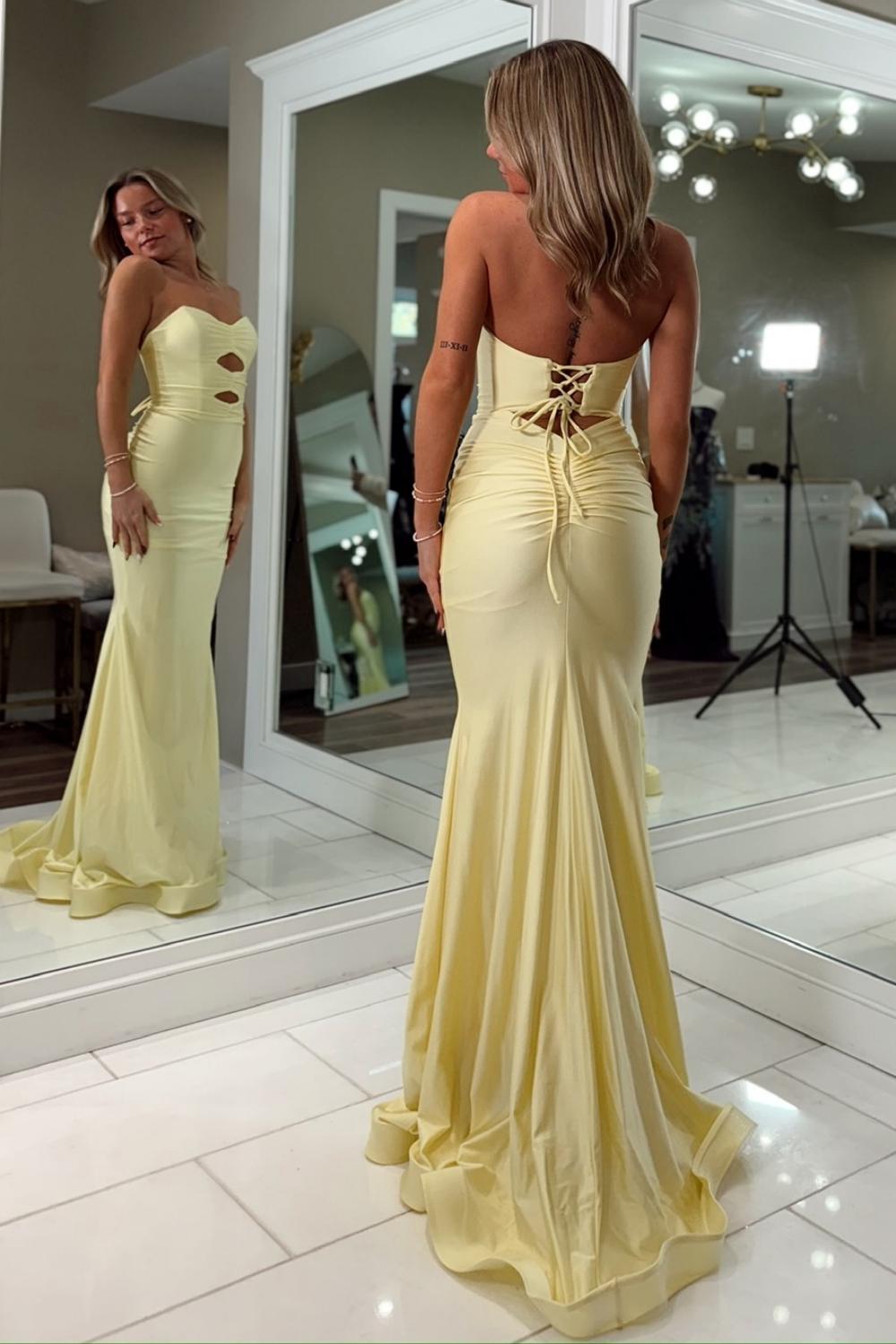 Dreamyannie Fashionable Mermaid Sweetheart Yellow Long Prom Dress With Keyhole Criss Cross Back Formal Evening Gown