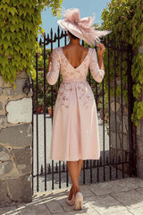Dreamyannie Floral A Line Dusty Rose Midi Mother Of The Bride Dress With Sleeves