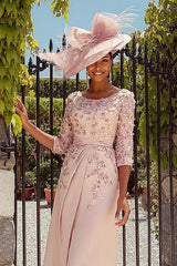 Dreamyannie Floral A Line Dusty Rose Midi Mother Of The Bride Dress With Sleeves