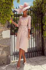 Dreamyannie Floral A Line Dusty Rose Midi Mother Of The Bride Dress With Sleeves