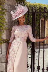Dreamyannie Floral Bateau Neck Dusty Rose Midi Mother Of The Bride Dress With Sleeves