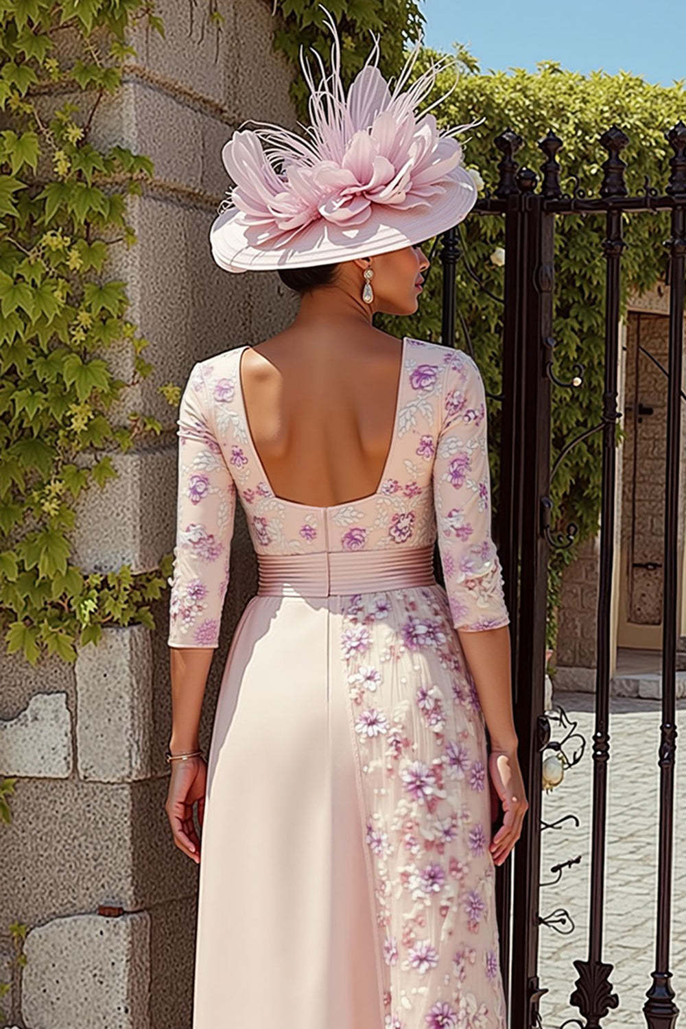 Dreamyannie Floral Bateau Neck Dusty Rose Midi Mother Of The Bride Dress With Sleeves