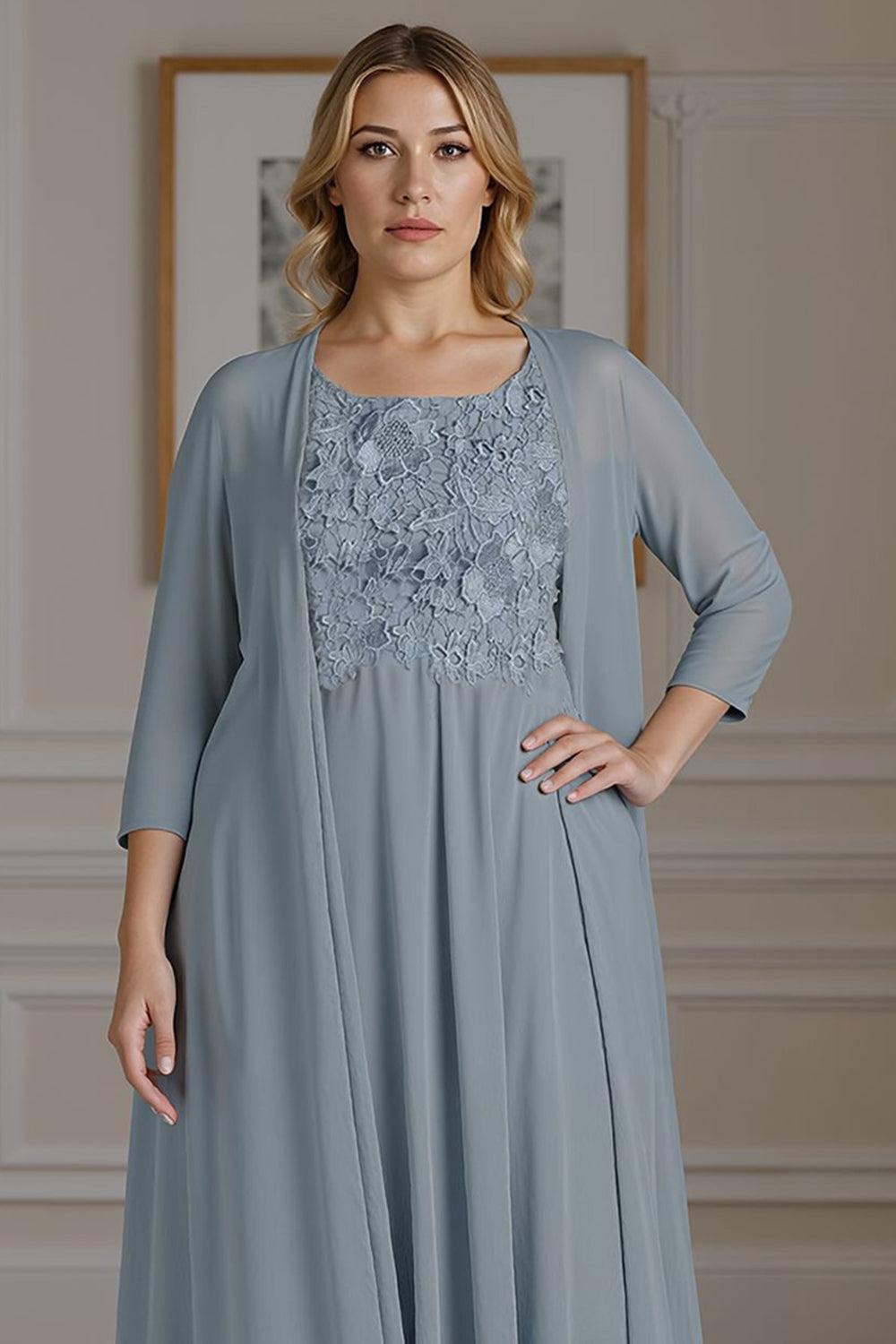 Dreamyannie Floral Dusty Blue A Line 2 Piece Floor Length Mother Of The Bride Dress With Jacket