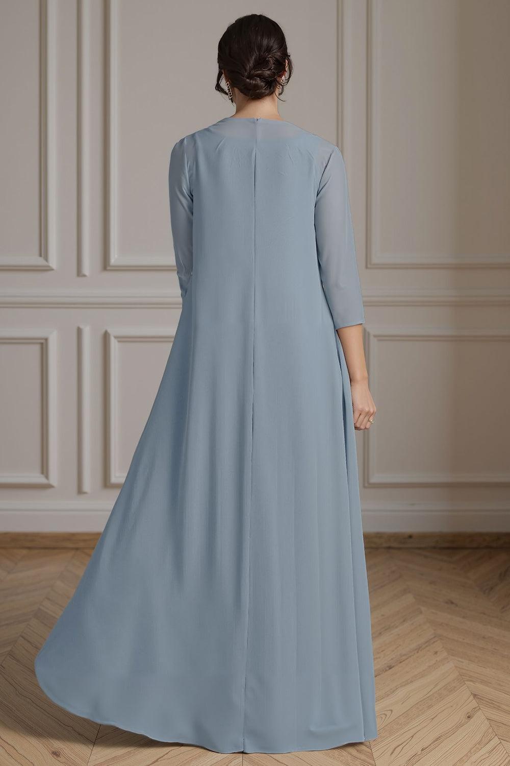 Dreamyannie Floral Dusty Blue A Line 2 Piece Floor Length Mother Of The Bride Dress With Jacket