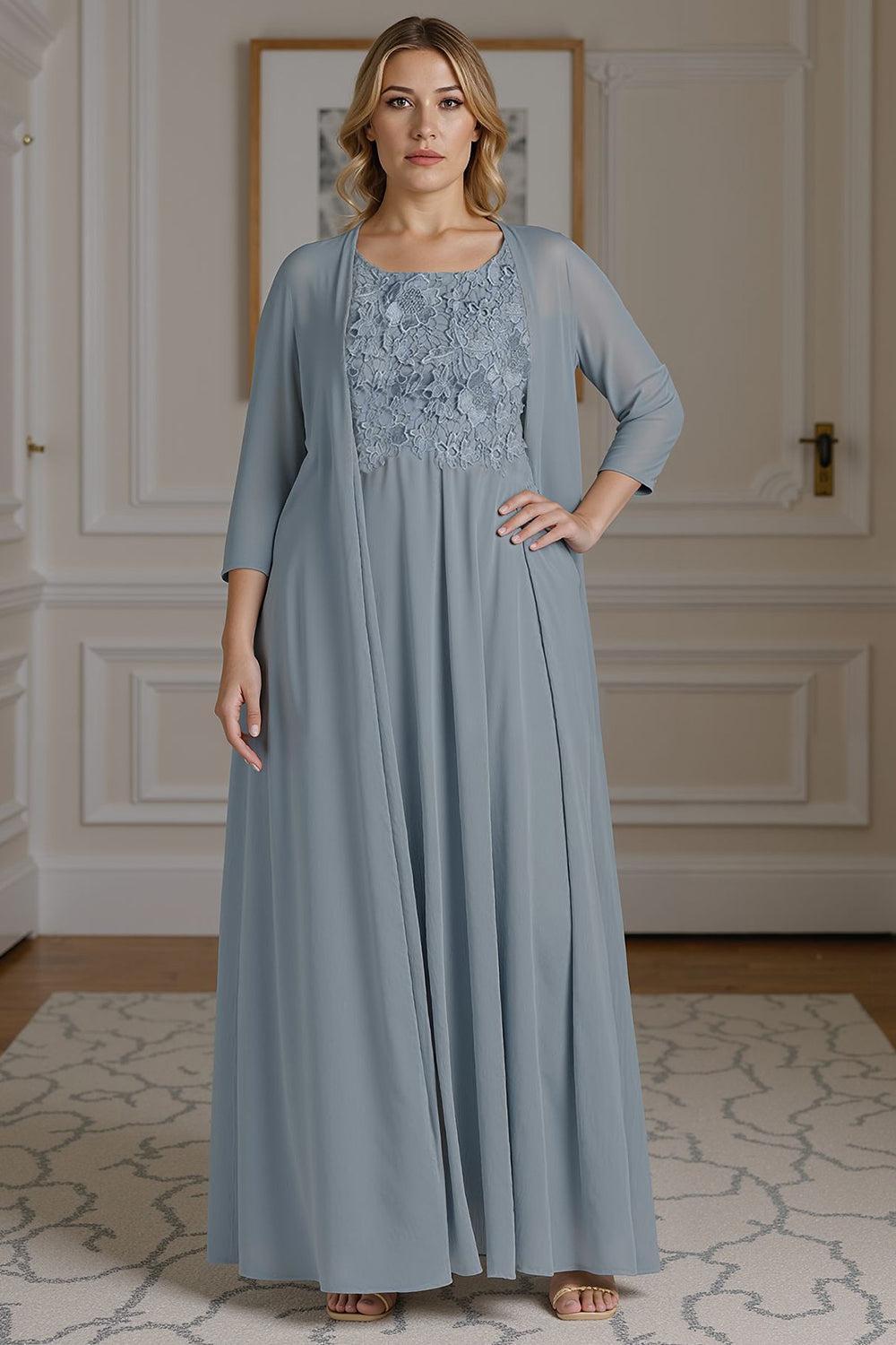 Dreamyannie Floral Dusty Blue A Line 2 Piece Floor Length Mother Of The Bride Dress With Jacket