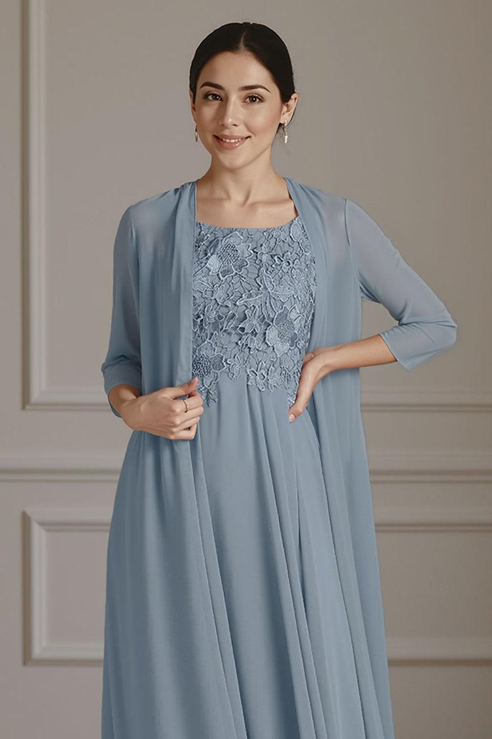 Dreamyannie Floral Dusty Blue A Line 2 Piece Floor Length Mother Of The Bride Dress With Jacket