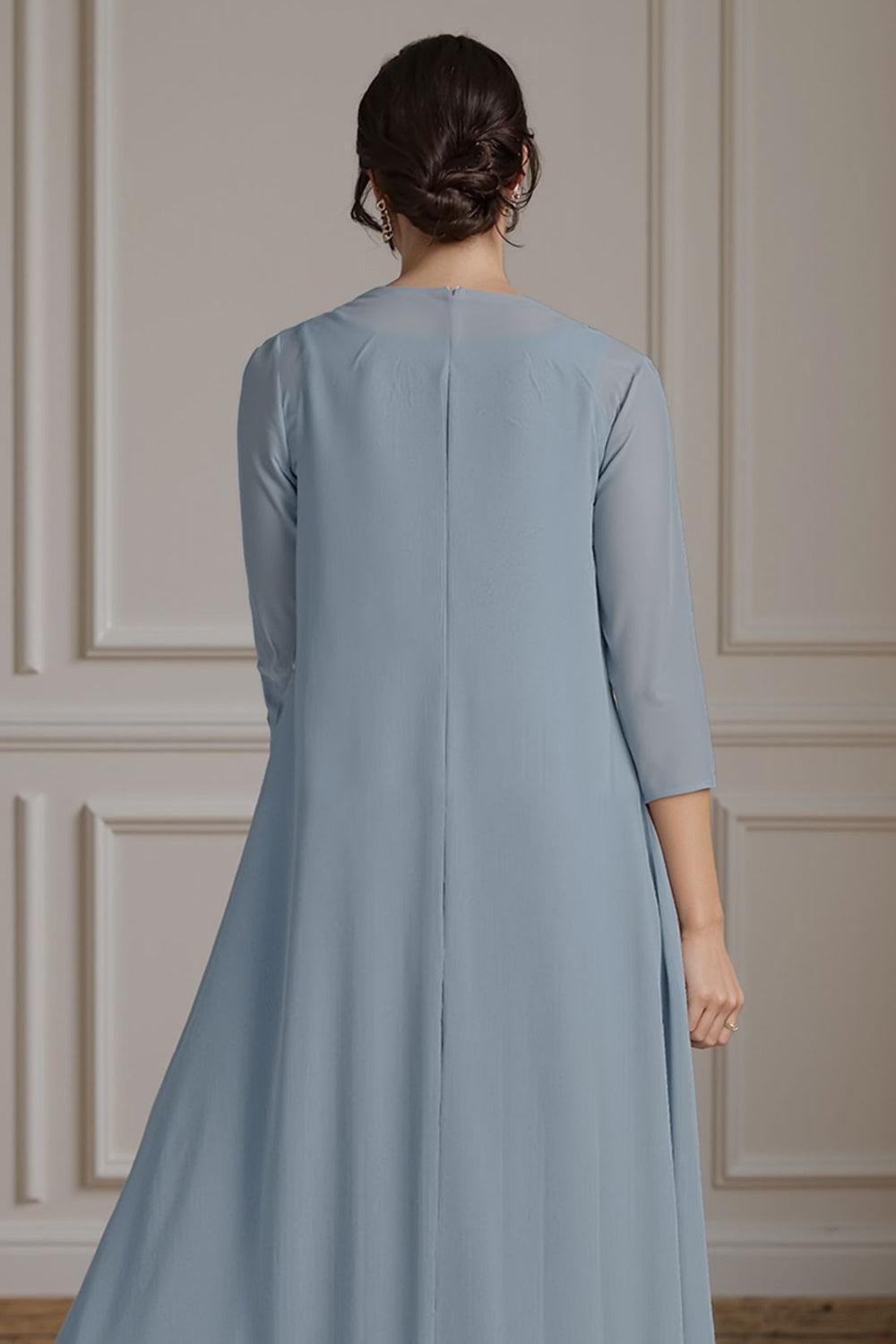 Dreamyannie Floral Dusty Blue A Line 2 Piece Floor Length Mother Of The Bride Dress With Jacket