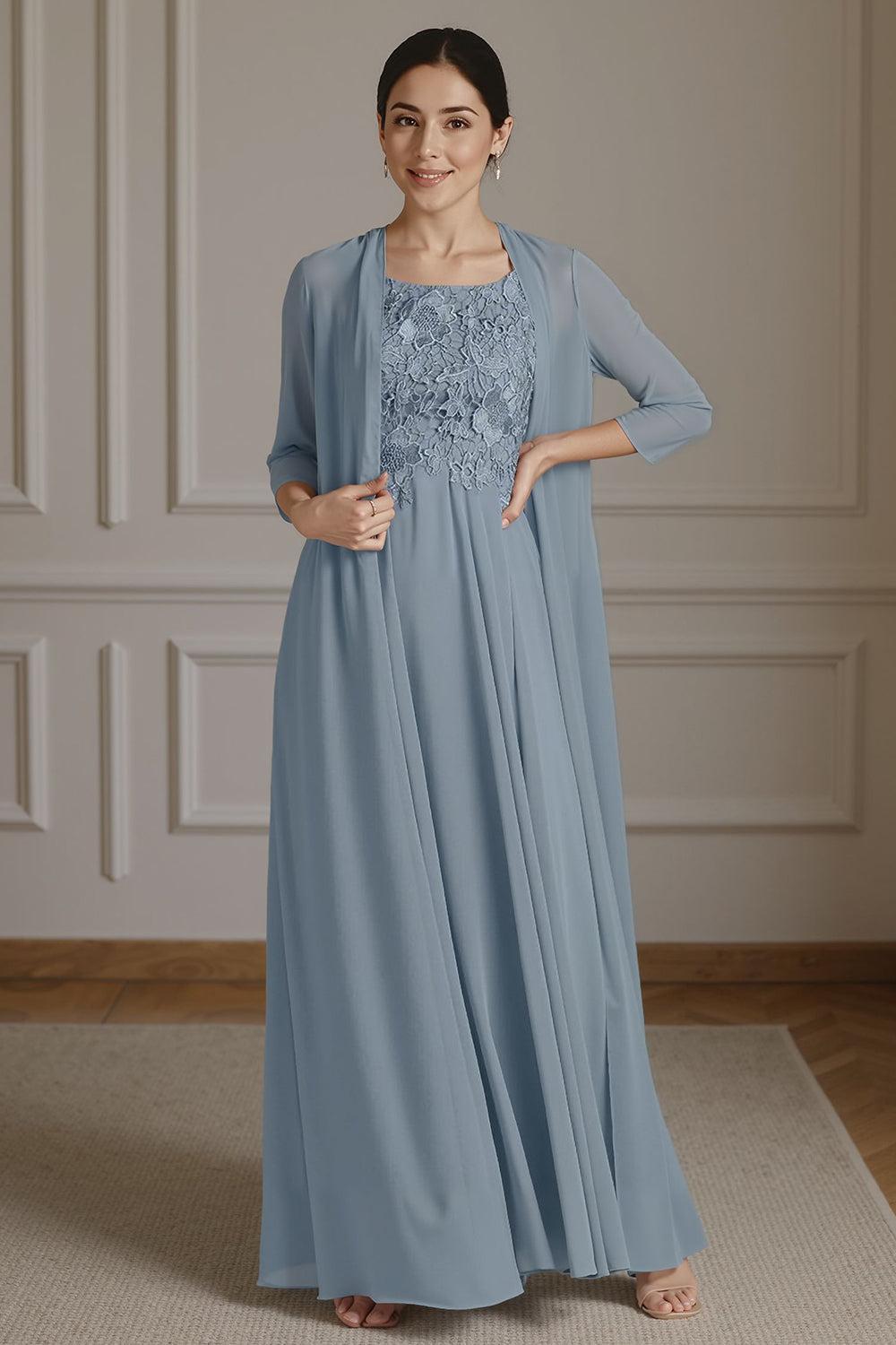 Dreamyannie Floral Dusty Blue A Line 2 Piece Floor Length Mother Of The Bride Dress With Jacket