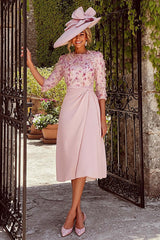 Dreamyannie Floral Dusty Rose Round Neck Ruched Midi Mother Of The Bride Dress With Sleeves