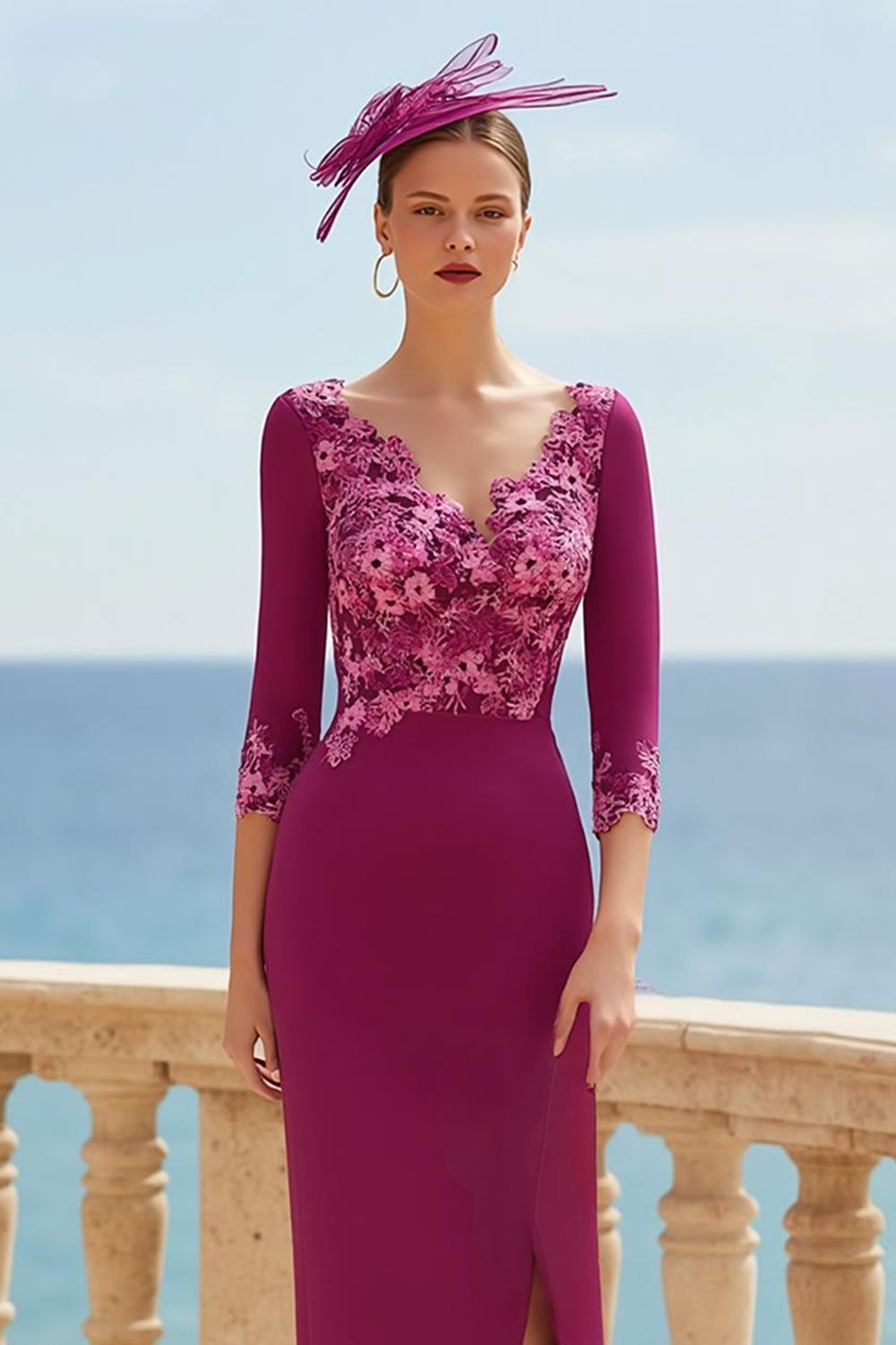 Dreamyannie Floral Fuchsia Appliqued V Neck Long Mother Of The Bride Dress With Sleeves