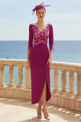 Dreamyannie Floral Fuchsia Appliqued V Neck Long Mother Of The Bride Dress With Sleeves