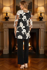 Dreamyannie Floral Lace Black 3 Piece Mother Of The Bride Pant Suits With Jacket