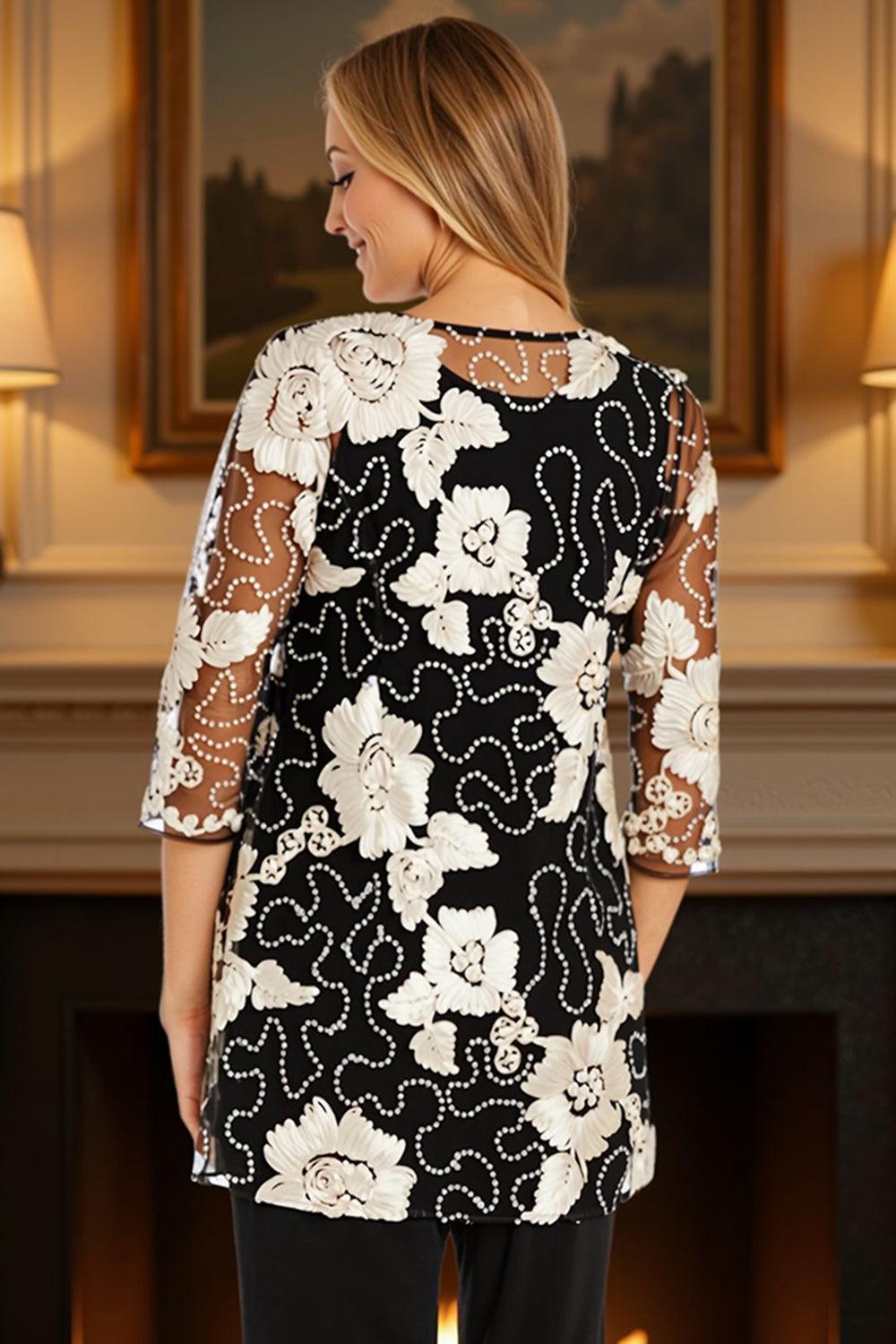 Dreamyannie Floral Lace Black 3 Piece Mother Of The Bride Pant Suits With Jacket