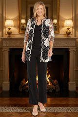 Dreamyannie Floral Lace Black 3 Piece Mother Of The Bride Pant Suits With Jacket
